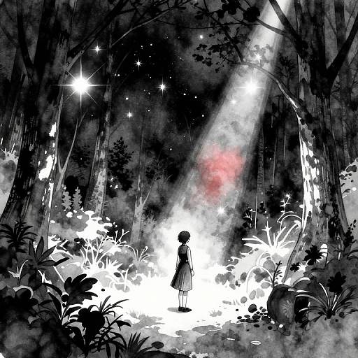 Black-and-white manga-style drawing of a silhouetted girl standing in a moonlit forest, surrounded by glowing stars and ethereal light.