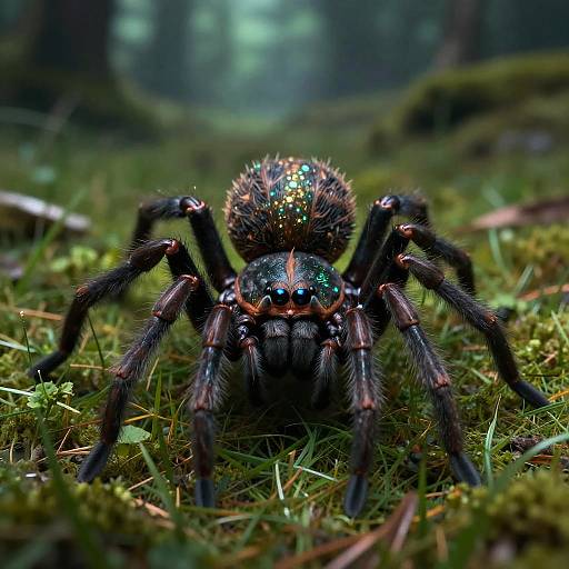 Close-up photograph of a shiny, iridescent black spider with colorful speckles, sitting on green moss in a forest.