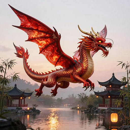 Digital illustration of a fiery red dragon with golden scales, wings, and horns, soaring above a tranquil, illuminated Chinese garden at sunset.