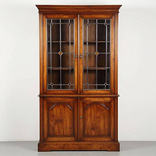 Photograph of an elegant, wooden china cabinet with glass-paned doors featuring intricate diamond patterns, set against a plain white background.