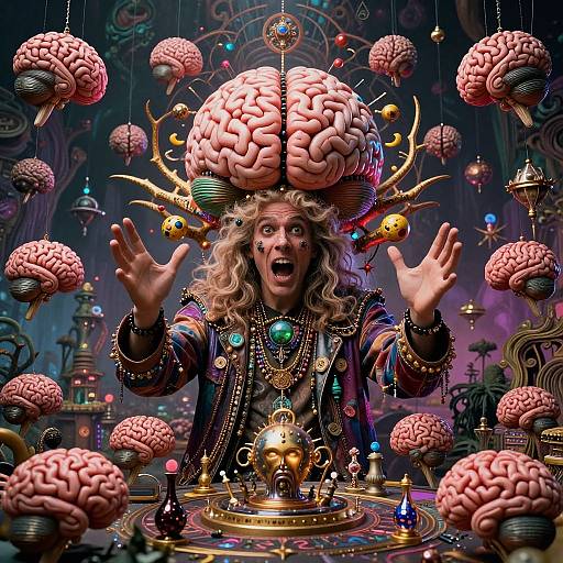 Digital artwork of a shocked, curly-haired figure in ornate, colorful attire, wearing a giant pink brain hat, surrounded by floating brains and steamp