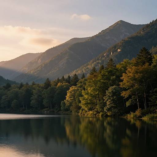 Photograph of a serene lake at sunset, surrounded by dense evergreen trees, with reflections on the water and mountainous landscape in the background.