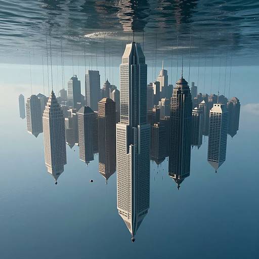 Digital artwork of a cityscape floating on water, with skyscrapers hanging by thin lines, reflecting on the calm surface.