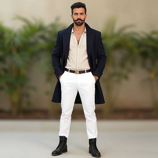 Photograph of a bearded man in a navy blazer, white shirt, white pants, black belt, and black boots, standing confidently against a