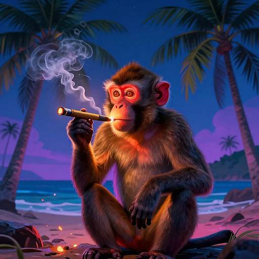 Digital artwork of a glowing-eyed, smoking monkey with a lit cigar, sitting on a beach at night with palm trees and ocean waves in the background.