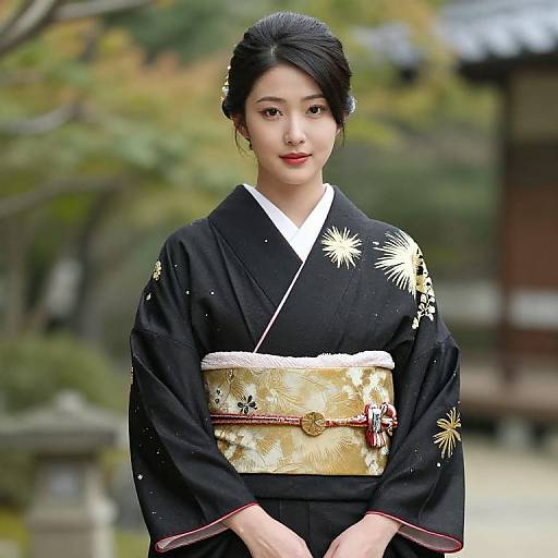 Elegant Female in Black Gold Kimono