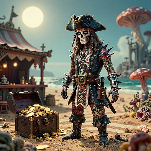 Digital art of a skeletal pirate with a tricorn hat, spiked armor, standing in a sunlit, sandy beach with treasure chest, mushrooms, and