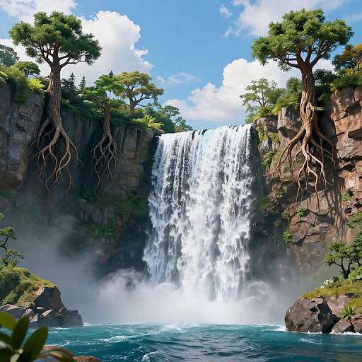 Digital artwork of a towering waterfall cascading between two rocky cliffs, surrounded by lush green trees with exposed roots, under a bright blue sky with white clouds