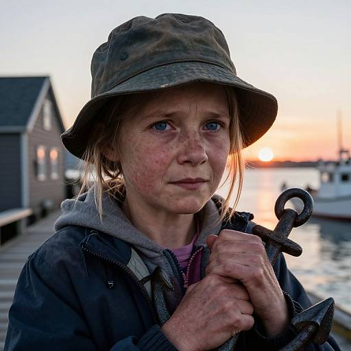 Photograph of a freckled, blue-eyed woman in a green bucket hat holding an anchor, standing by a sunset-lit marina.