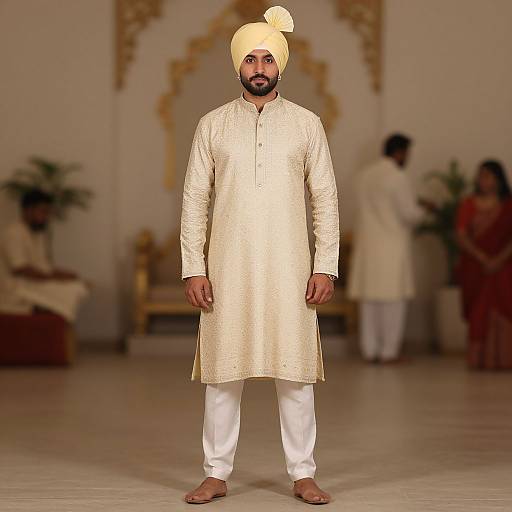 Photograph of a South Asian man in traditional cream kurta and white pajamas, wearing a yellow turban, standing in an ornately decorated room