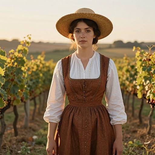 Photograph of a young woman with fair skin and dark hair, wearing a straw hat, white blouse, and brown pinafore dress, standing in