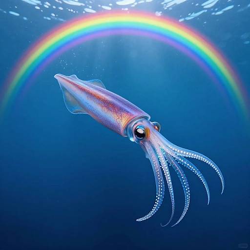 Photograph of a vibrant blue and purple squid with white-tipped tentacles swimming beneath a vivid rainbow in an underwater scene.
