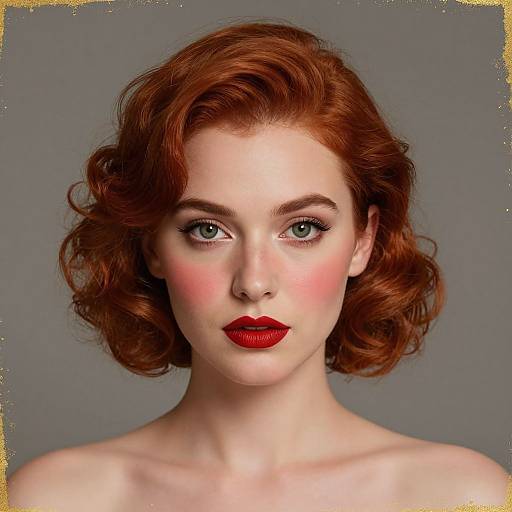 Digital portrait of a fair-skinned, red-haired woman with curly hair, bright blue eyes, and bold red lipstick, set against a gray background.