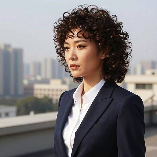 Photograph of an Asian woman with curly black hair, wearing a black blazer over a white shirt, standing on a rooftop against a blurred urban skyline