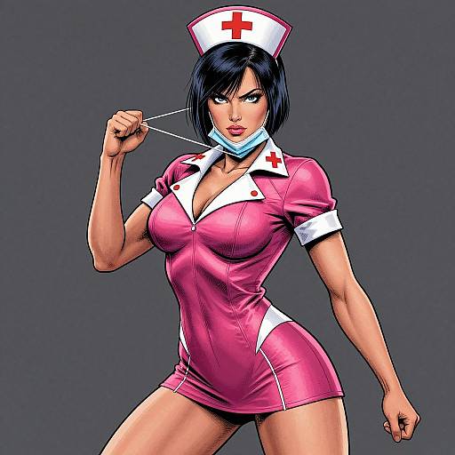 Digital artwork of a sexy, muscular woman in a tight pink nurse outfit, white hat with red cross, blue mask, pulling mask string, dark blue