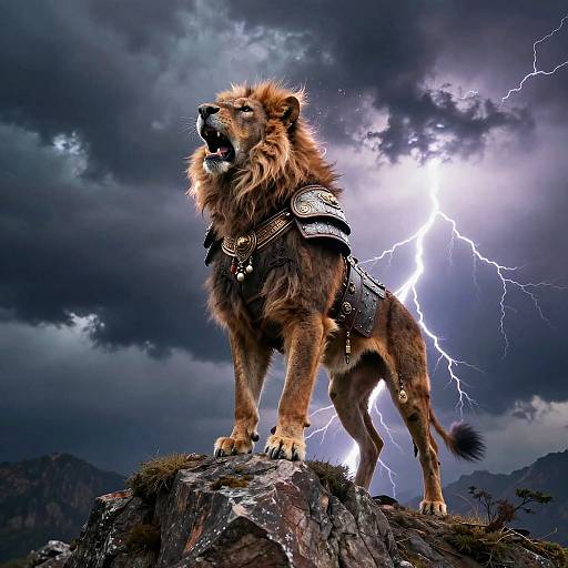 Photograph of a fierce, armored lion standing on a rocky outcrop under a dramatic, lightning-filled stormy sky.