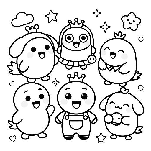 Cute black-and-white line drawing of seven chibi-style, happy, cartoon characters with simple shapes, small eyes, and stars around them.