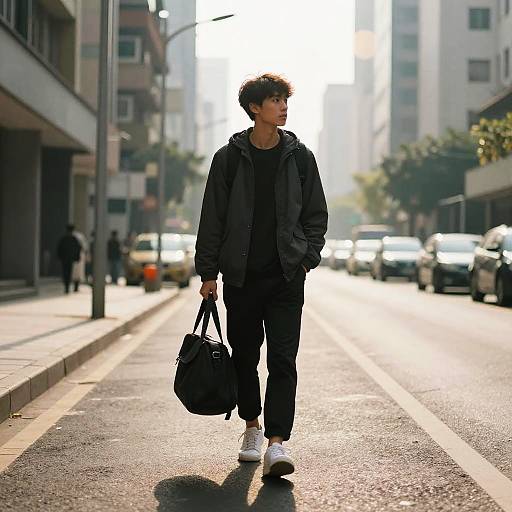 Young Man Walking on Urban Street