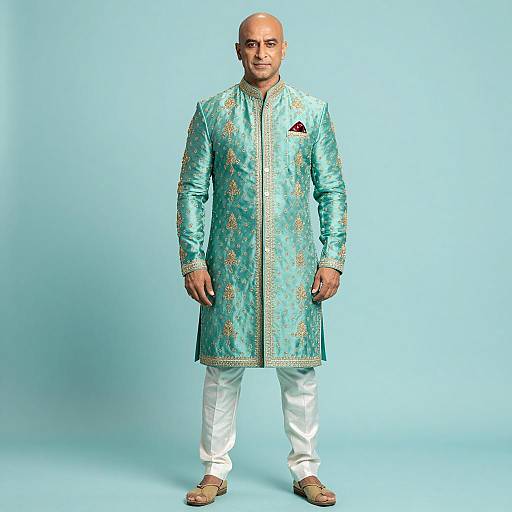 Middle-aged man in teal Indian sherwani