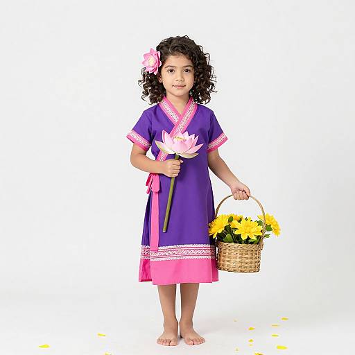 Photograph of a young girl with curly black hair, wearing a purple and pink traditional dress, holding a basket of yellow flowers and a pink lotus