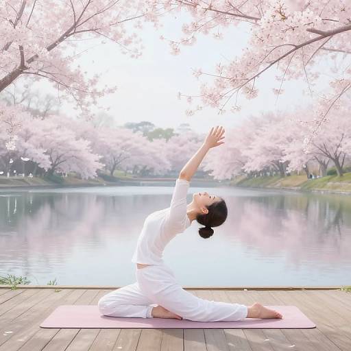 Photograph of an Asian woman in white yoga attire, performing a tree pose on a pink mat by a serene cherry blossom lake.