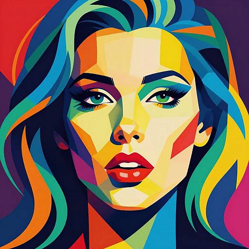 Vibrant digital pop art portrait of a woman with blue, yellow, and green hair, bold red lips, and intense green eyes.