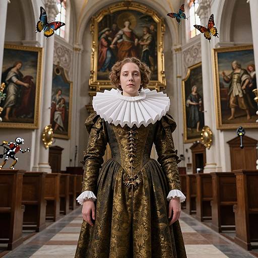Photograph of a woman in a 17th-century-style, gold-embroidered dress with a white ruffled collar, standing in an orn