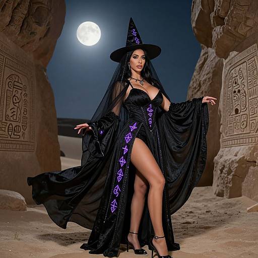 Photorealistic digital art of a sexy witch in a black, glowing-ornamented dress and hat, moonlit desert, ancient rock carv