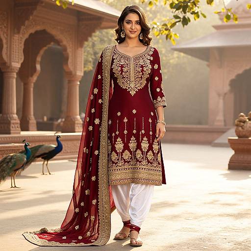 Photograph of a smiling South Asian woman in a maroon traditional kurti with gold embroidery, white salwar, standing in an ornate,