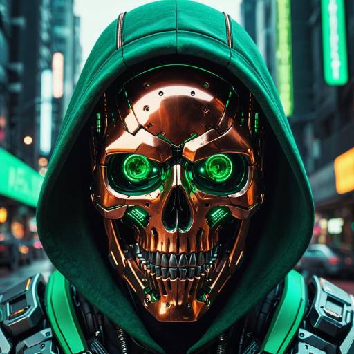 Cyberpunk Robotic Skull with Neon Green Eyes