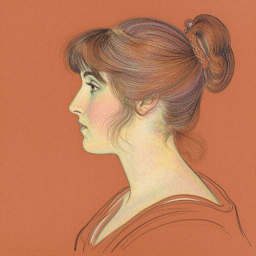 Digital drawing of a side profile of a young woman with red hair in a bun, wearing a red top, against an orange background.