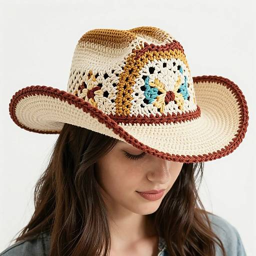 Photograph of a young woman with long brown hair, wearing a crocheted cowboy hat with brown, white, and blue patterns, eyes closed,