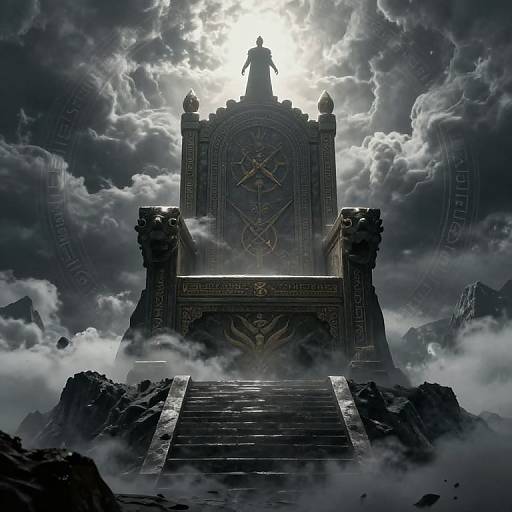 Digital artwork of a dark, ominous throne with a silhouetted figure standing atop, surrounded by stormy clouds and rocky terrain.