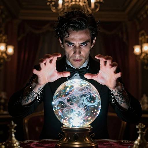 Photograph of a dark-haired man in a black tuxedo, hands raised, holding a glowing crystal snow globe in a dimly lit, orn