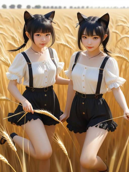 Catgirls Frolicking in a Wheat Field