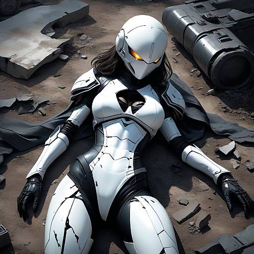Digital artwork of a white, armored, female robot with glowing orange eyes, lying on a debris-filled ground, surrounded by broken machinery.
