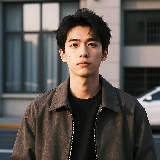 Photograph of an Asian man with short, black, slightly messy hair, wearing a dark brown jacket over a black shirt, standing in front of a