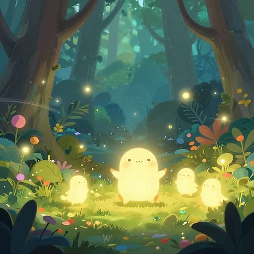 Whimsical forest scene with glowing, cute, yellow fairy-like creatures surrounded by vibrant flowers and fireflies, illuminated by their soft light. Digital art