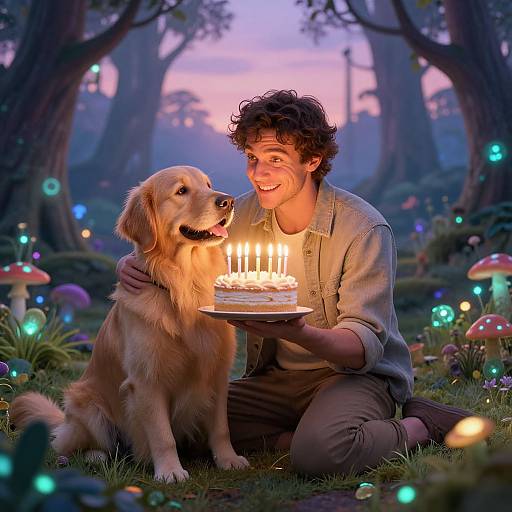 Photograph-style digital image of curly-haired man kneeling, smiling, holding candlelit birthday cake, Golden Retriever sitting beside, enchanted forest with glowing
