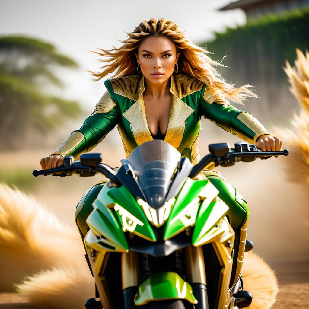 Fierce Lioness Warrior on Motorcycle