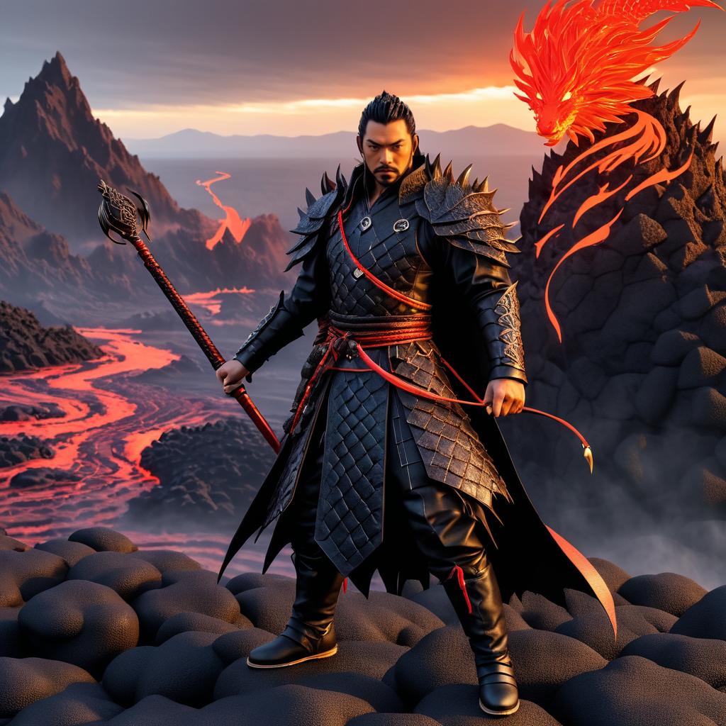 Fierce Dragon Tamer in Volcanic Landscape