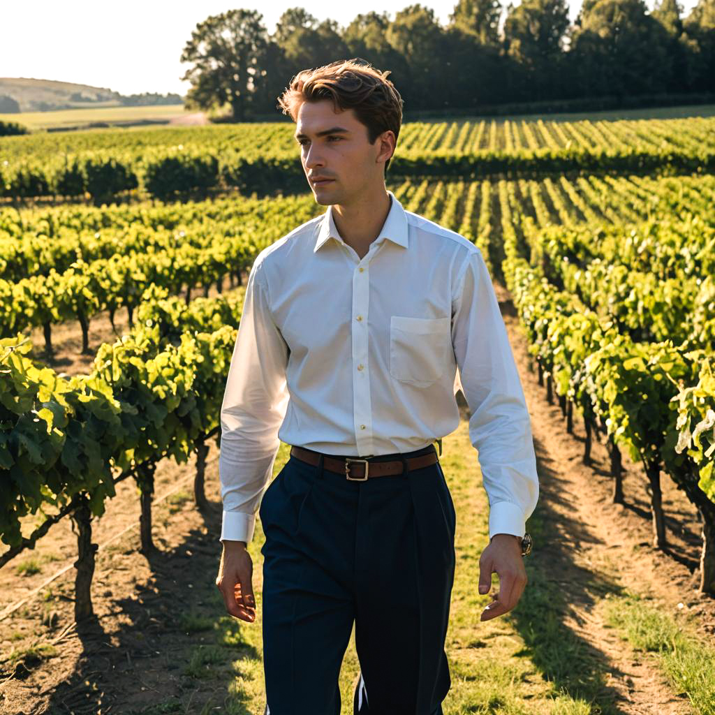 Young Man in Navy Skirt in Vineyard