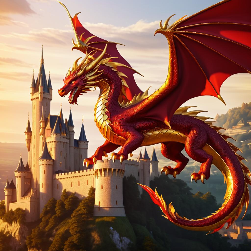 Majestic Dragon Over Medieval Castle