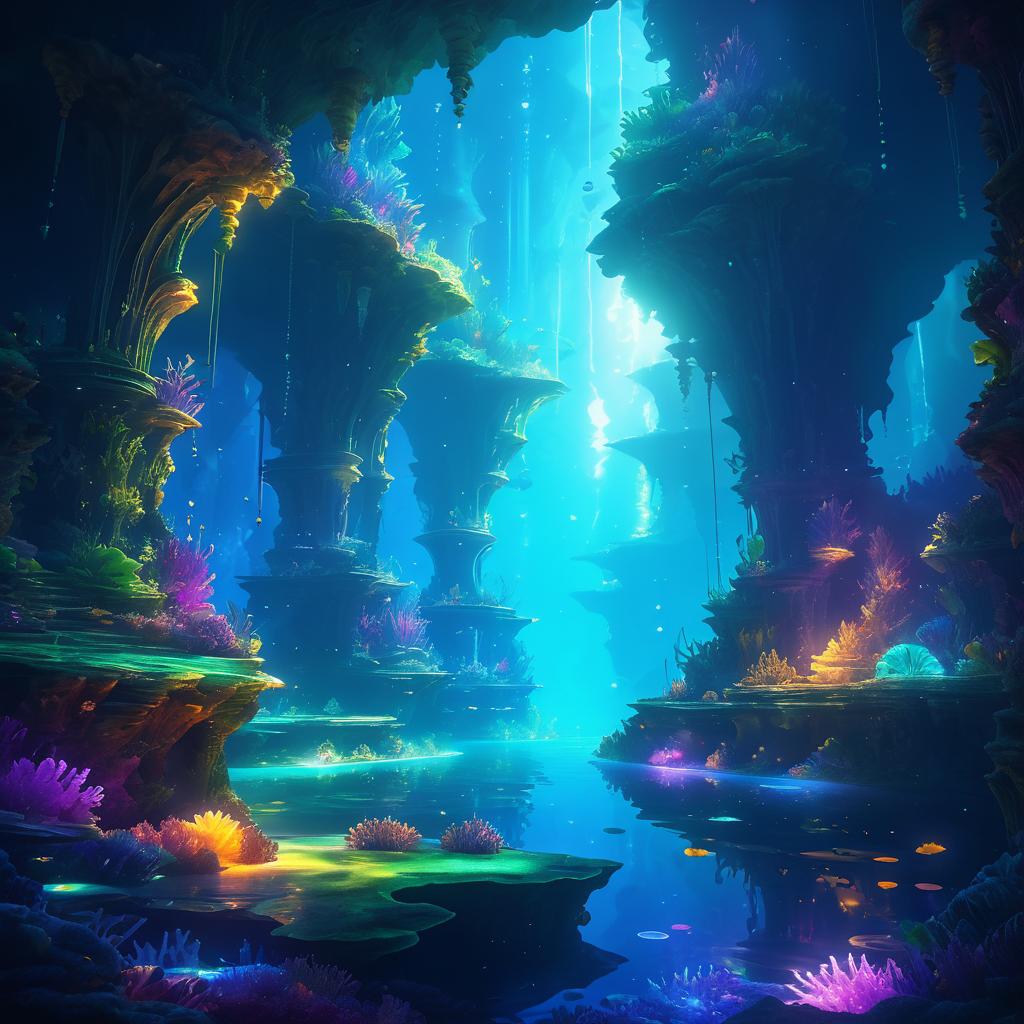 Vibrant Glowing Underwater Cave Scene