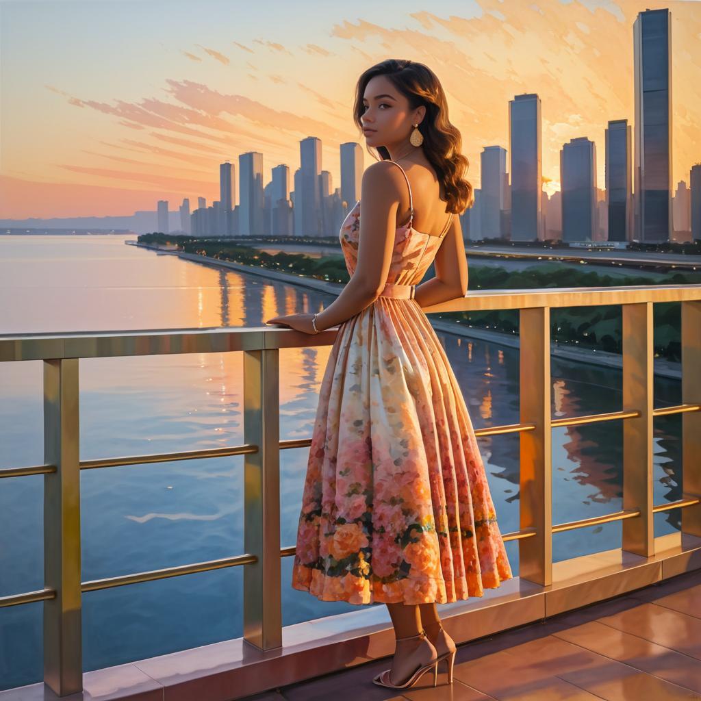 Sunset Cityscape: Young Woman in Floral Dress