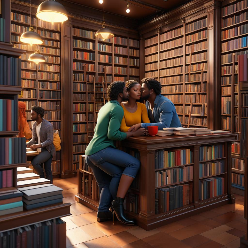 Passionate Embrace in a Quaint Bookstore