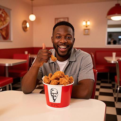Photograph of a smiling Black man in a gray shirt, giving a thumbs-up while holding a red cup of fried chicken nuggets in a vintage diner