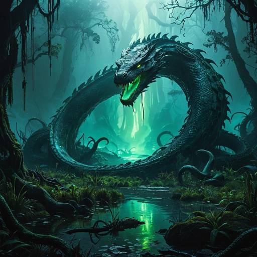 Colossal Bioluminescent Serpent in Misty Ancient Swamp