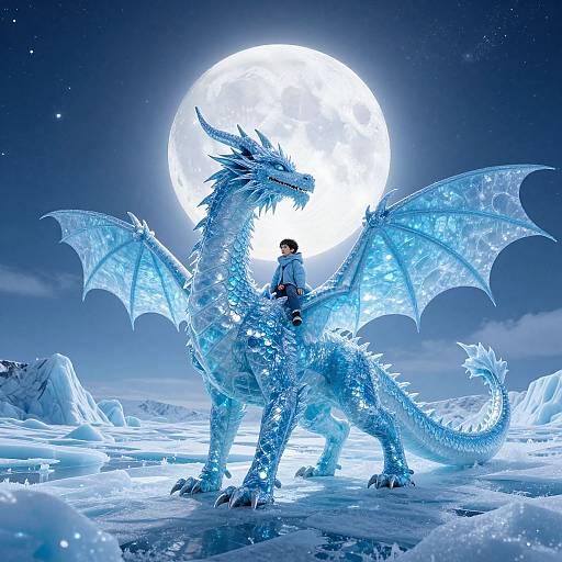 Digital art of a glowing blue dragon with crystalline wings and a young boy riding it, under a full moon in a snowy, icy landscape.
