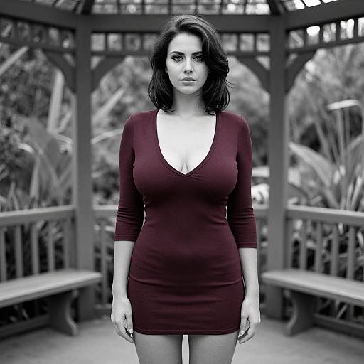 Woman in Burgundy Dress in Botanical Gazebo
